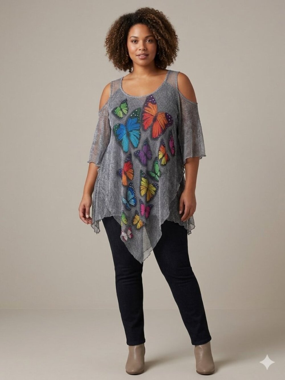 Butterfly Print Cold Shoulder Top Gray XL Funsport